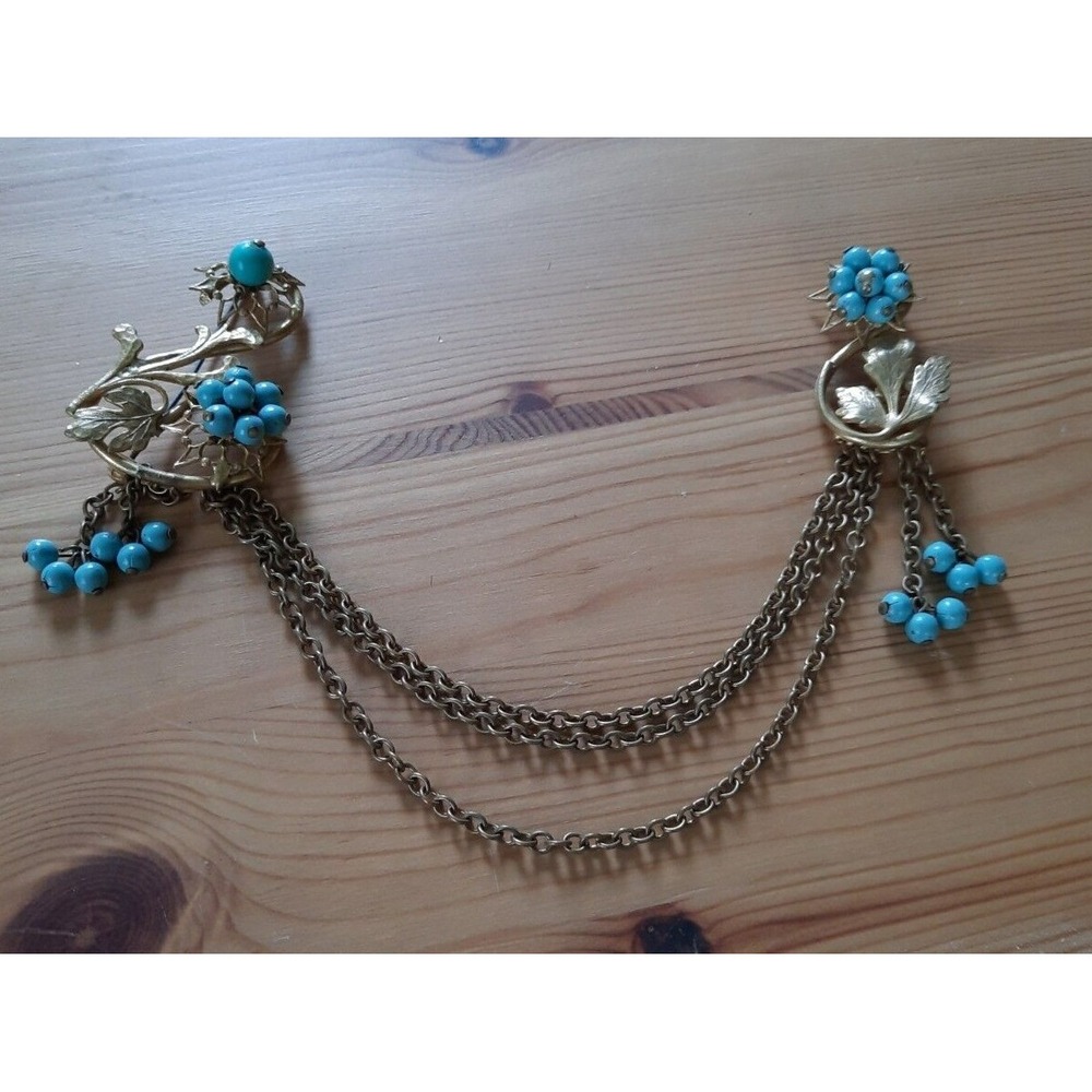 Miriam Haskell Turquoise Beaded Brass Double Pins Triple Chain Vintage 1930s